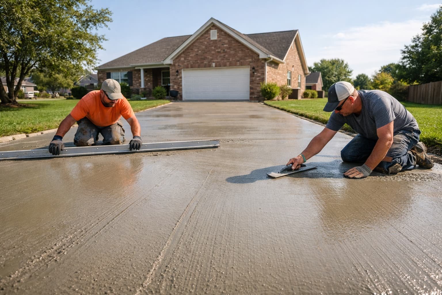Concrete flatwork crew finishing a driveway in Bowling Green KY